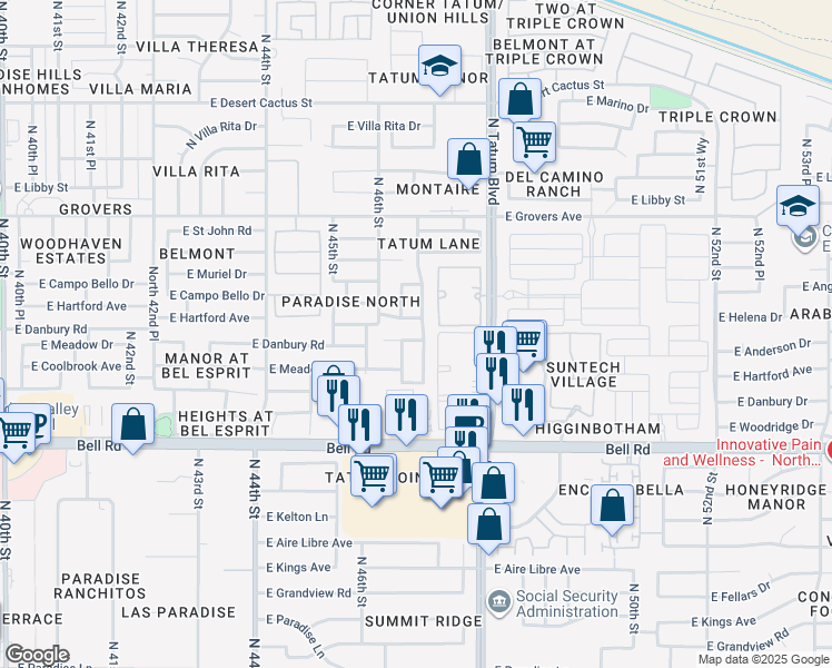 map of restaurants, bars, coffee shops, grocery stores, and more near 17236 North 46th Place in Phoenix