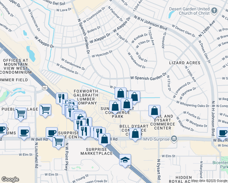 map of restaurants, bars, coffee shops, grocery stores, and more near 13410 West Foxfire Drive in Surprise