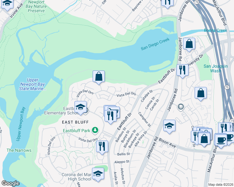 map of restaurants, bars, coffee shops, grocery stores, and more near 2715 Vista Umbrosa in Newport Beach