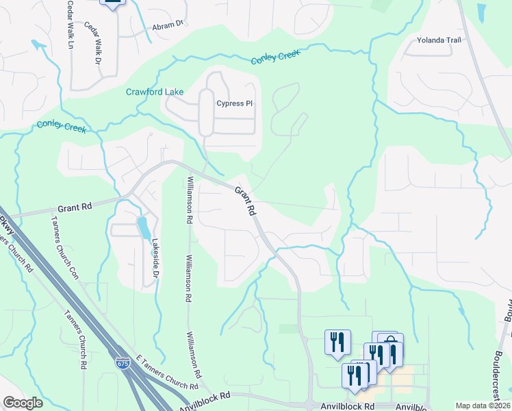 map of restaurants, bars, coffee shops, grocery stores, and more near 4034 Grant Road in Ellenwood
