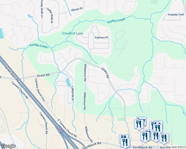map of restaurants, bars, coffee shops, grocery stores, and more near 3906 Village Crossing Lane in Ellenwood