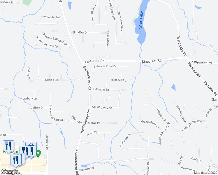 map of restaurants, bars, coffee shops, grocery stores, and more near 1114 Palisades Drive in Ellenwood