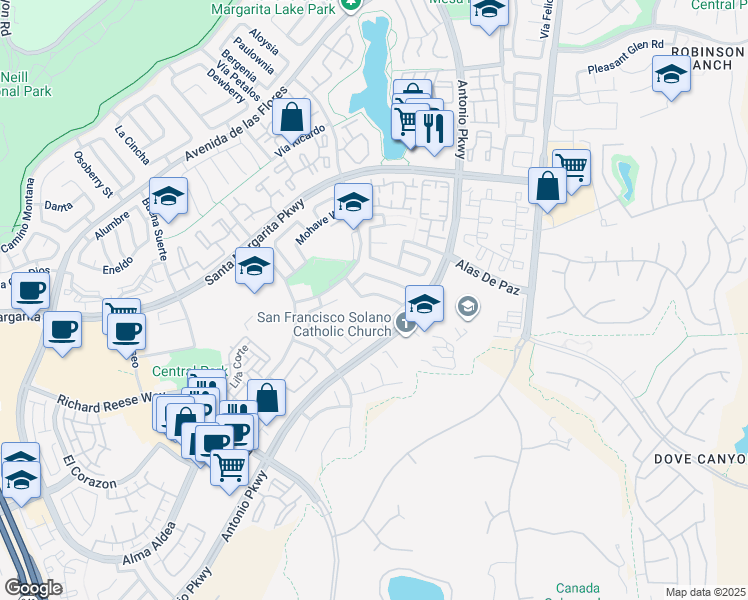 map of restaurants, bars, coffee shops, grocery stores, and more near 42 Vía Joaquin in Rancho Santa Margarita