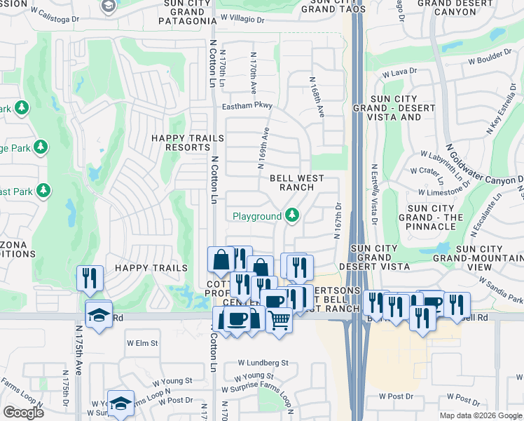 map of restaurants, bars, coffee shops, grocery stores, and more near 16965 West Bradford Way in Surprise