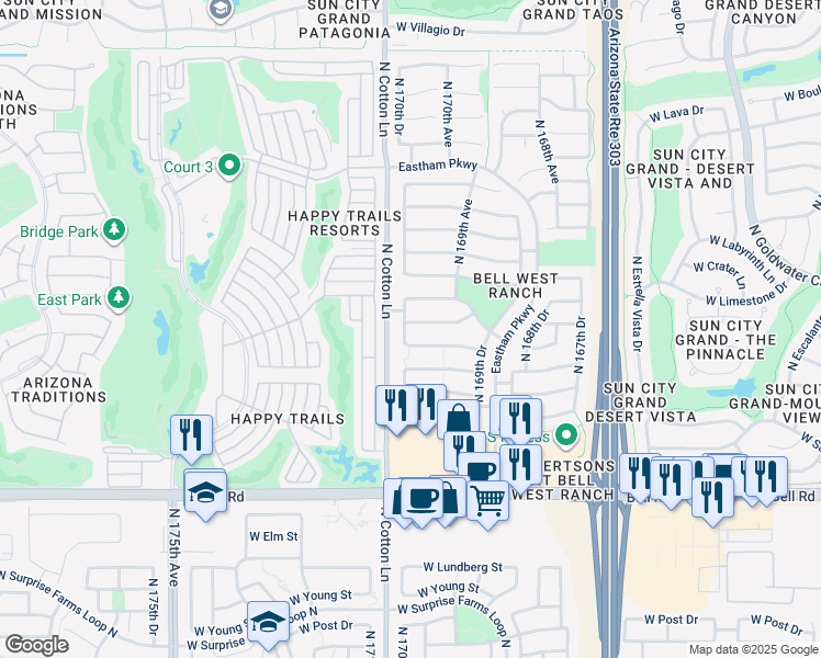 map of restaurants, bars, coffee shops, grocery stores, and more near 17534 North 170th Lane in Surprise