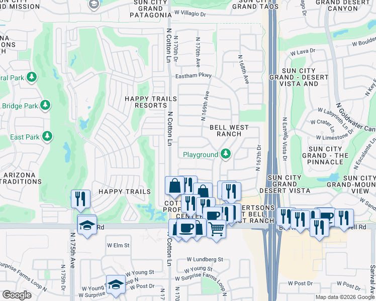map of restaurants, bars, coffee shops, grocery stores, and more near 17029 West Bradford Way in Surprise