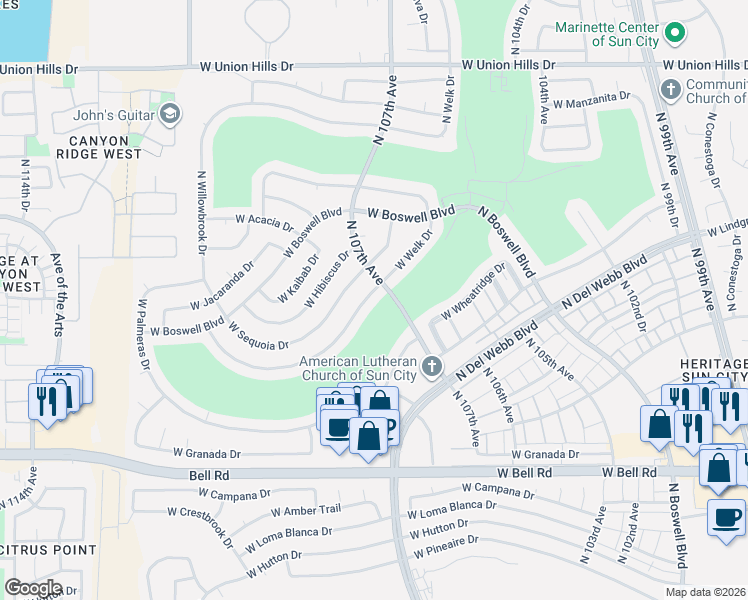 map of restaurants, bars, coffee shops, grocery stores, and more near 10709 West Welk Drive in Sun City