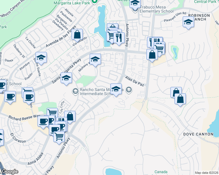 map of restaurants, bars, coffee shops, grocery stores, and more near 47 Pasada Valiente in Rancho Santa Margarita