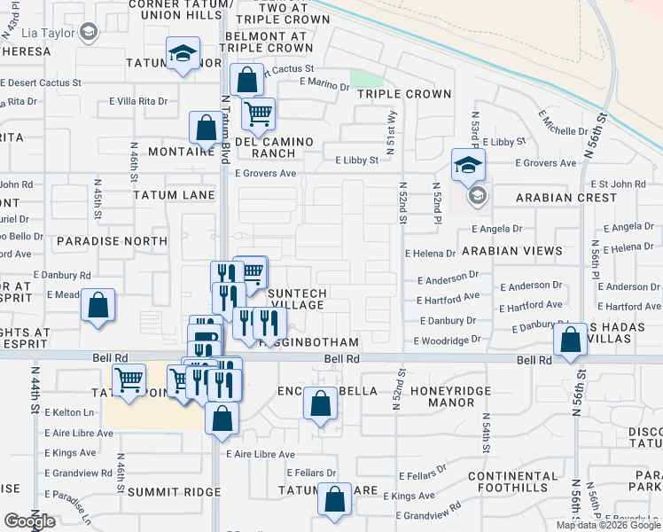 map of restaurants, bars, coffee shops, grocery stores, and more near Gallop Way in Scottsdale