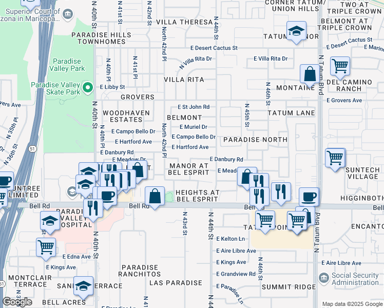 map of restaurants, bars, coffee shops, grocery stores, and more near 17228 North 43rd Place in Phoenix