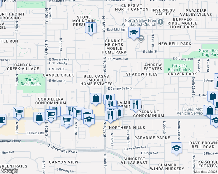 map of restaurants, bars, coffee shops, grocery stores, and more near 17235 North 16th Place in Phoenix