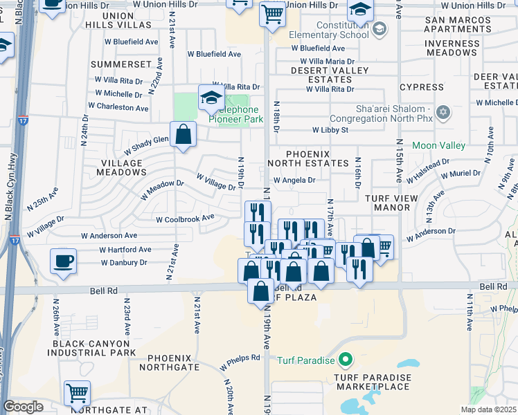 map of restaurants, bars, coffee shops, grocery stores, and more near 17239 North 19th Avenue in Phoenix