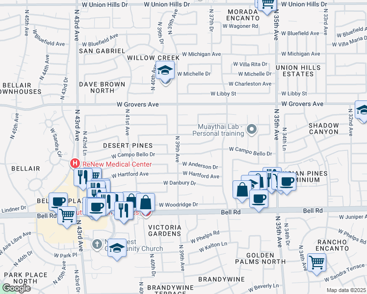 map of restaurants, bars, coffee shops, grocery stores, and more near 3833 West Campo Bello Drive in Glendale