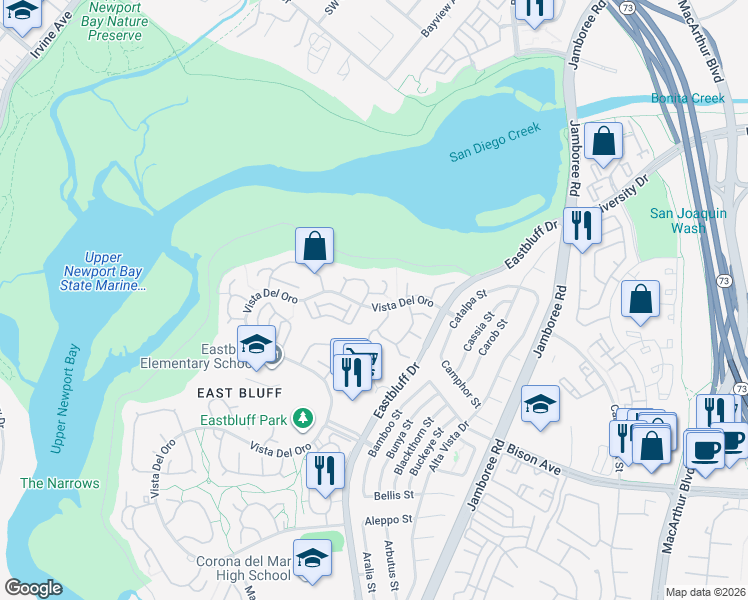 map of restaurants, bars, coffee shops, grocery stores, and more near 2715 Vista Umbrosa in Newport Beach