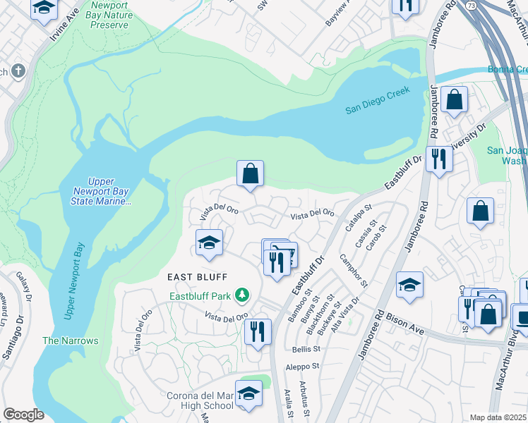 map of restaurants, bars, coffee shops, grocery stores, and more near 329 Vista Suerte in Newport Beach