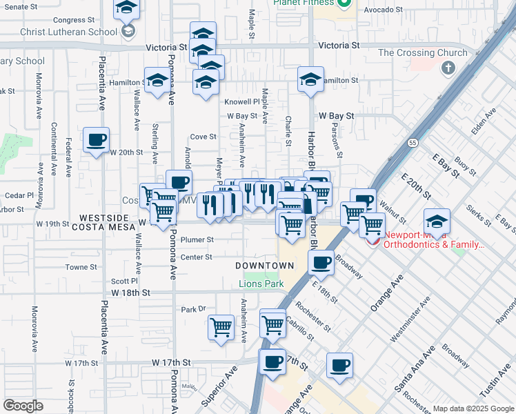 map of restaurants, bars, coffee shops, grocery stores, and more near 574 West 19th Street in Costa Mesa