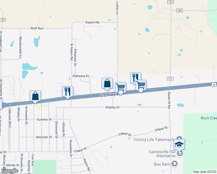 map of restaurants, bars, coffee shops, grocery stores, and more near 2624 U.S. 82 in Gainesville