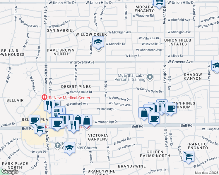 map of restaurants, bars, coffee shops, grocery stores, and more near 3833 West Campo Bello Drive in Glendale