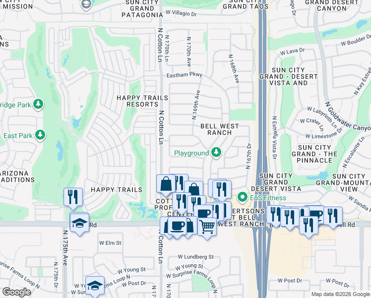 map of restaurants, bars, coffee shops, grocery stores, and more near 17015 West Ipswitch Way in Surprise