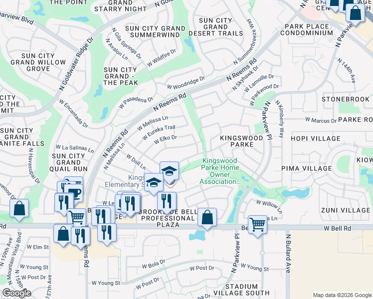 map of restaurants, bars, coffee shops, grocery stores, and more near 15140 West Honeysuckle Lane in Surprise