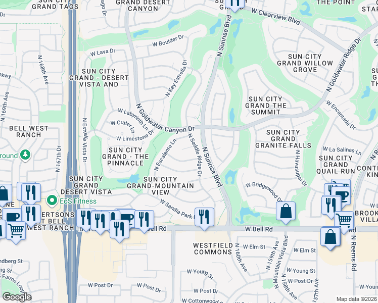 map of restaurants, bars, coffee shops, grocery stores, and more near 16173 West Red Rock Drive in Surprise
