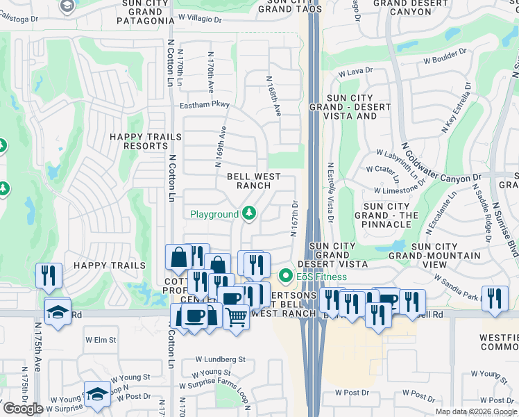 map of restaurants, bars, coffee shops, grocery stores, and more near 17514 North 168th Drive in Surprise