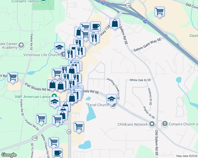 map of restaurants, bars, coffee shops, grocery stores, and more near 1740 Bob White Lane Southeast in Conyers
