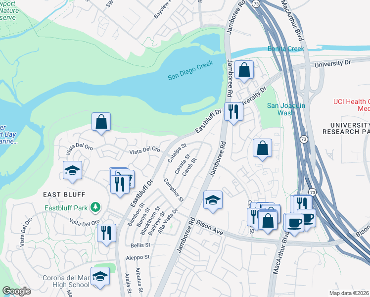 map of restaurants, bars, coffee shops, grocery stores, and more near 2924 Catalpa Street in Newport Beach