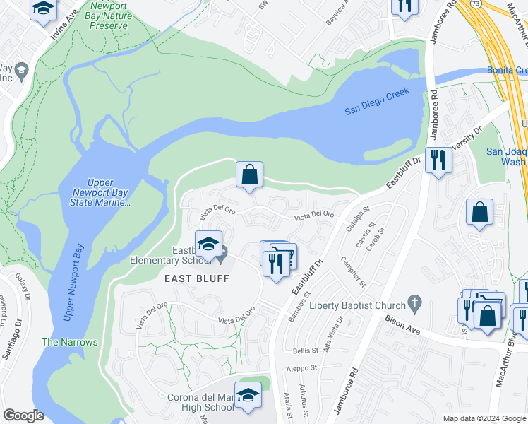 map of restaurants, bars, coffee shops, grocery stores, and more near 2718 Vista Del Oro in Newport Beach