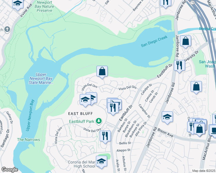 map of restaurants, bars, coffee shops, grocery stores, and more near 329 Vista Suerte in Newport Beach