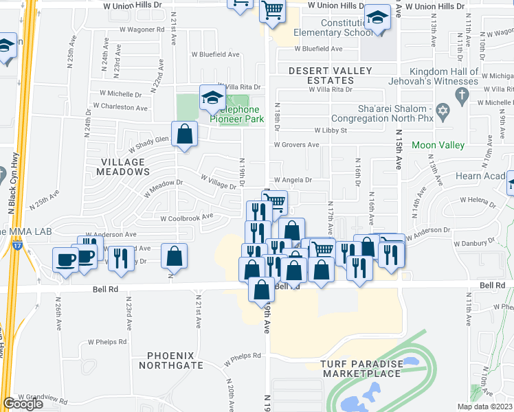 map of restaurants, bars, coffee shops, grocery stores, and more near 17235 North 19th Drive in Phoenix