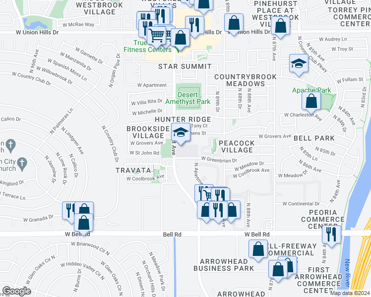 map of restaurants, bars, coffee shops, grocery stores, and more near 17667 North 91st Drive in Peoria