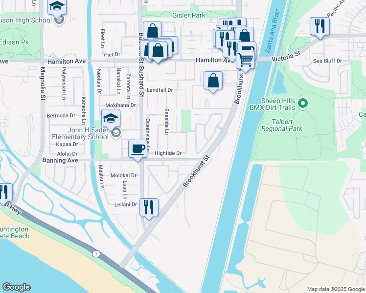 map of restaurants, bars, coffee shops, grocery stores, and more near 21911 Vacation Lane in Huntington Beach