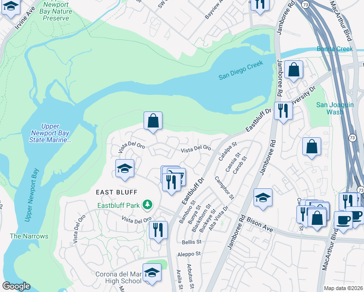map of restaurants, bars, coffee shops, grocery stores, and more near 505 Playa in Newport Beach