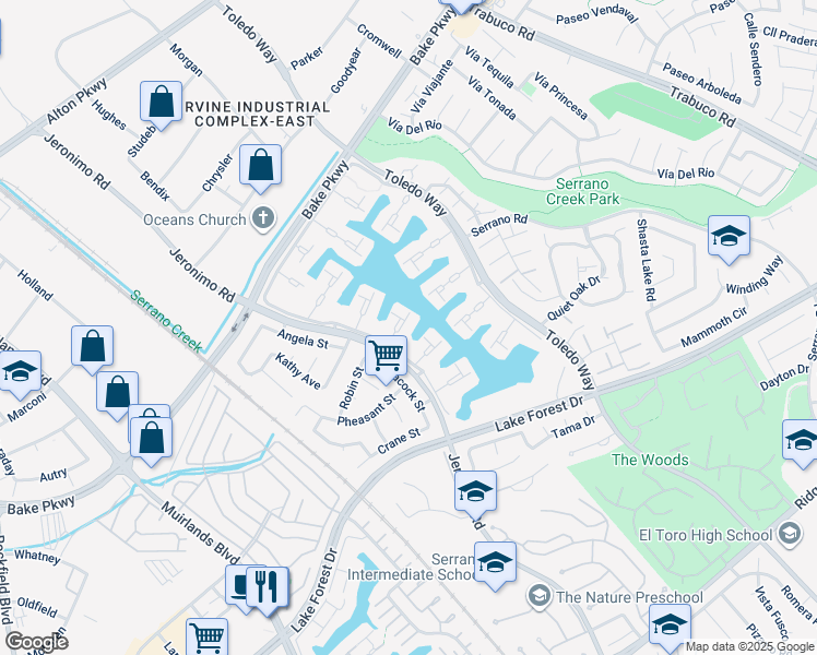 map of restaurants, bars, coffee shops, grocery stores, and more near 21922 Erie Lane in Lake Forest