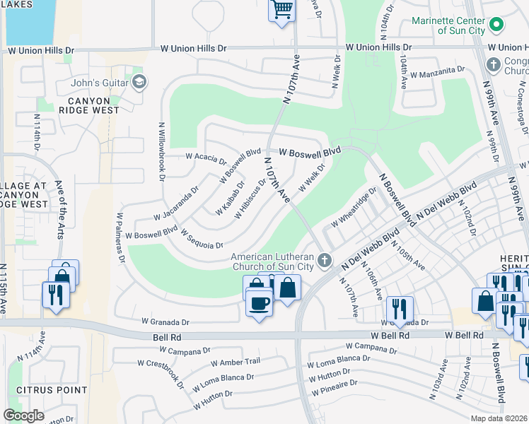 map of restaurants, bars, coffee shops, grocery stores, and more near 10710 West Sequoia Drive in Sun City