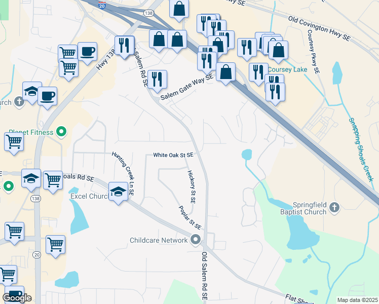 map of restaurants, bars, coffee shops, grocery stores, and more near 1390 White Oak Street Southeast in Conyers