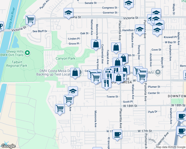 map of restaurants, bars, coffee shops, grocery stores, and more near 910 Arbor Street in Costa Mesa