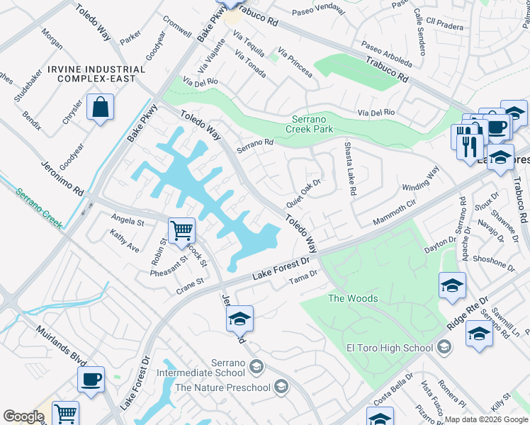 map of restaurants, bars, coffee shops, grocery stores, and more near 24662 Toledo Lane in Lake Forest
