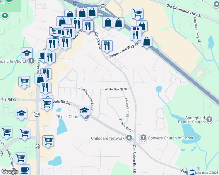 map of restaurants, bars, coffee shops, grocery stores, and more near 1295 Maple Street Southeast in Conyers