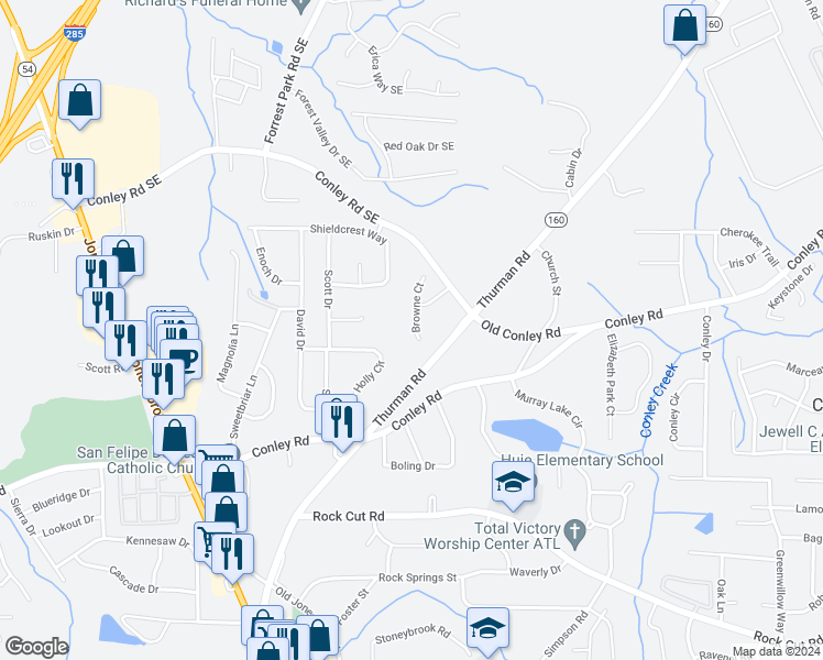 map of restaurants, bars, coffee shops, grocery stores, and more near 4071 Browne Ct in Conley