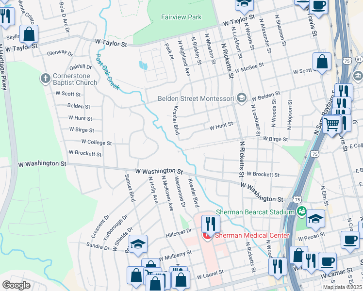 map of restaurants, bars, coffee shops, grocery stores, and more near 1226 West Hunt Street in Sherman