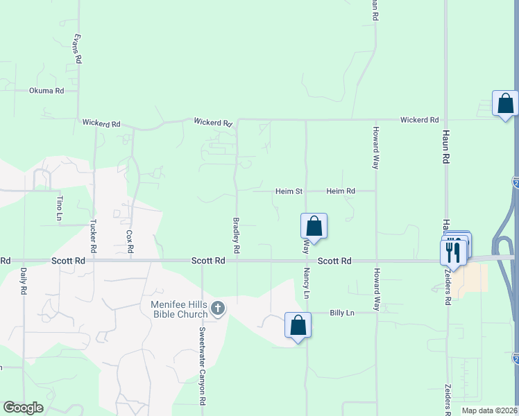 map of restaurants, bars, coffee shops, grocery stores, and more near 32850 Bradley Road in Menifee
