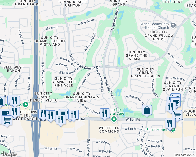 map of restaurants, bars, coffee shops, grocery stores, and more near 16145 West Casa Bonita Court in Surprise