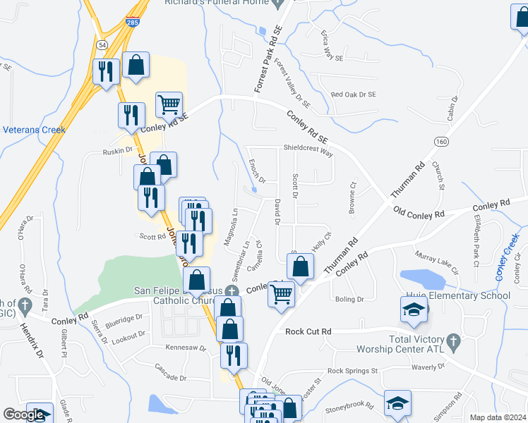 map of restaurants, bars, coffee shops, grocery stores, and more near 4028 Sweetbriar Lane in Forest Park
