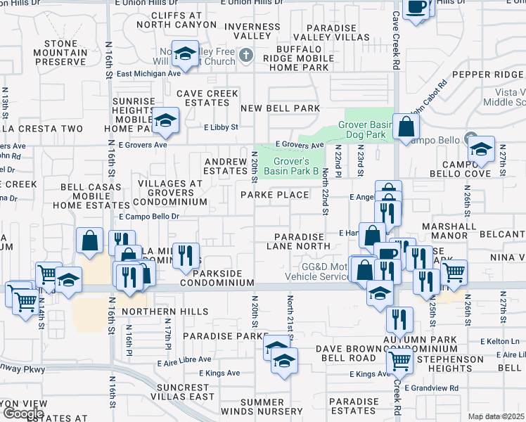 map of restaurants, bars, coffee shops, grocery stores, and more near 17417 North 20th Street in Phoenix