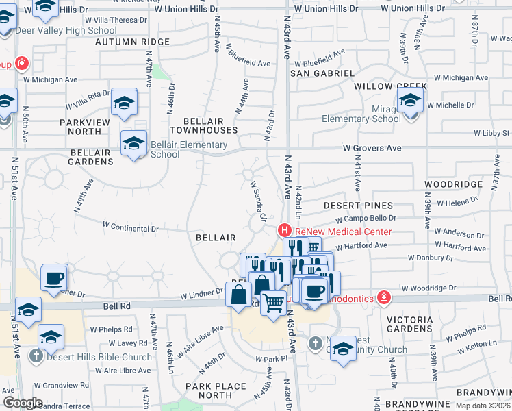 map of restaurants, bars, coffee shops, grocery stores, and more near 4413 West Sandra Circle in Glendale