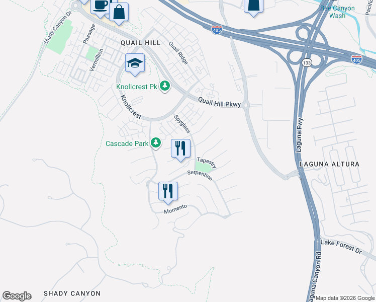 map of restaurants, bars, coffee shops, grocery stores, and more near 133 Weathervane in Irvine