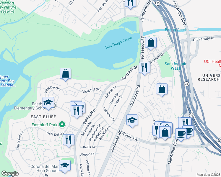 map of restaurants, bars, coffee shops, grocery stores, and more near 2981 Quedada in Newport Beach