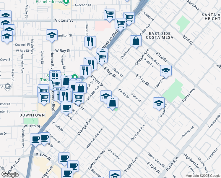 map of restaurants, bars, coffee shops, grocery stores, and more near 2020 Fullerton Avenue in Costa Mesa
